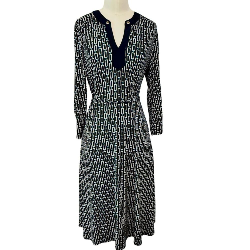 PerSeption Concept Navy Blue/White Geometric Chain Link Dress, Size Medium